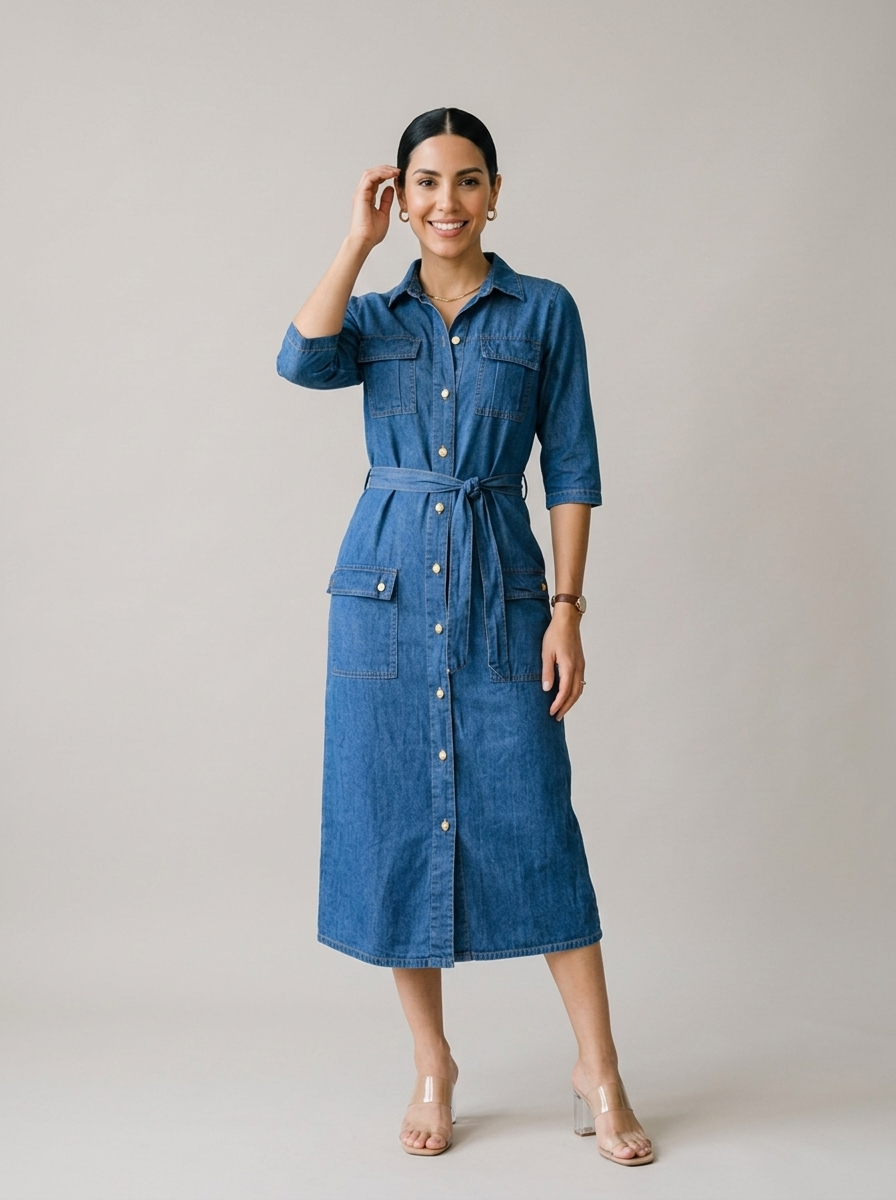 Vestido largo de jeans DUBAI - Azul medio - modelo de frente - ColomShop