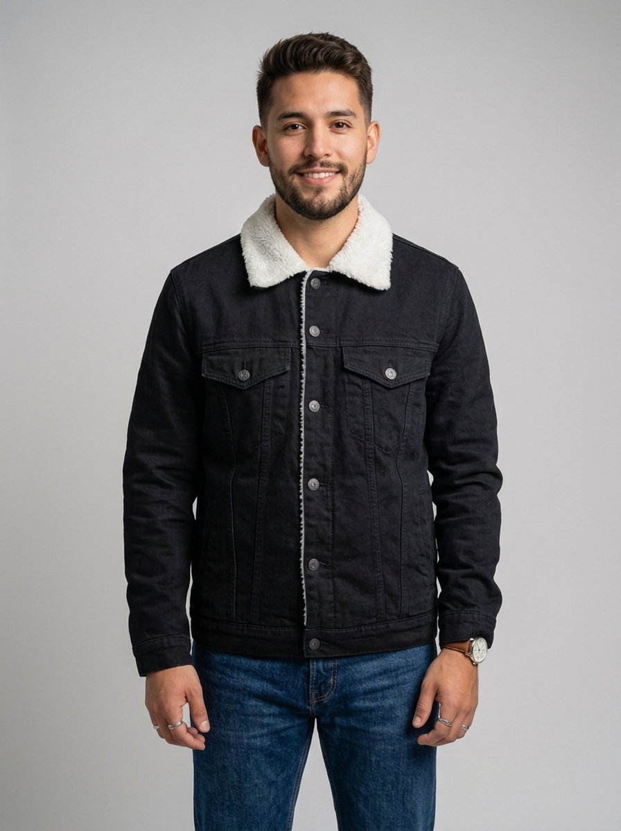 Chaqueta en jean con ovejero T68A - Negro - ColomShop
