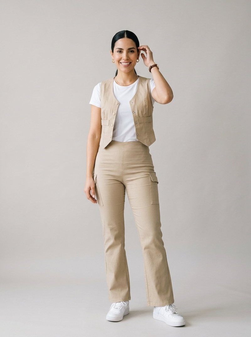 Conjunto 3 piezas de chaleco 2107 - Beige - modelo de frente - ColomShop