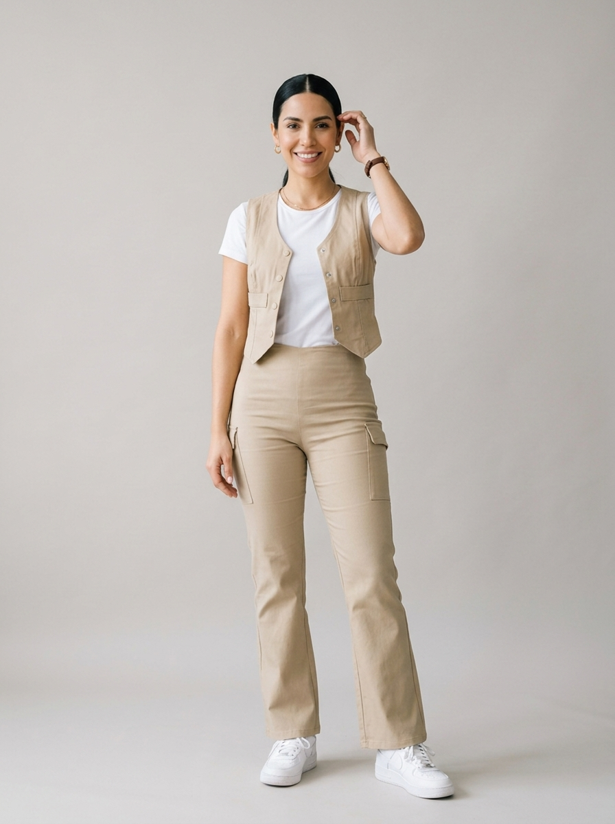 Conjunto 3 piezas de chaleco 2107 - Beige - modelo de frente - ColomShop