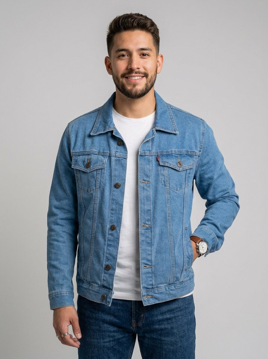Chaqueta en jean para caballero T18 - azul medio claro - modelo de frente - ColomShop