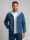 Chaqueta en jean con ovejero T68A - Azul oscuro - modelo de frente - ColomShop